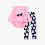2-piece Kid Girl Bowknot Ruffled Long-sleeves Tee and Flower Allover Print  Pants Pink