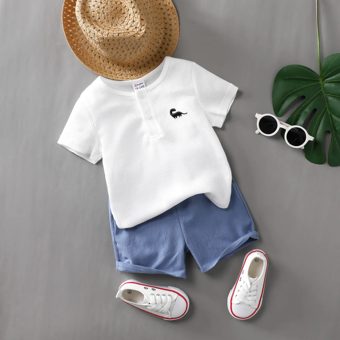 2pcs Toddler Boy's Dinosaur  Secret Button Design Casual Top and Pants Set  White big image 1