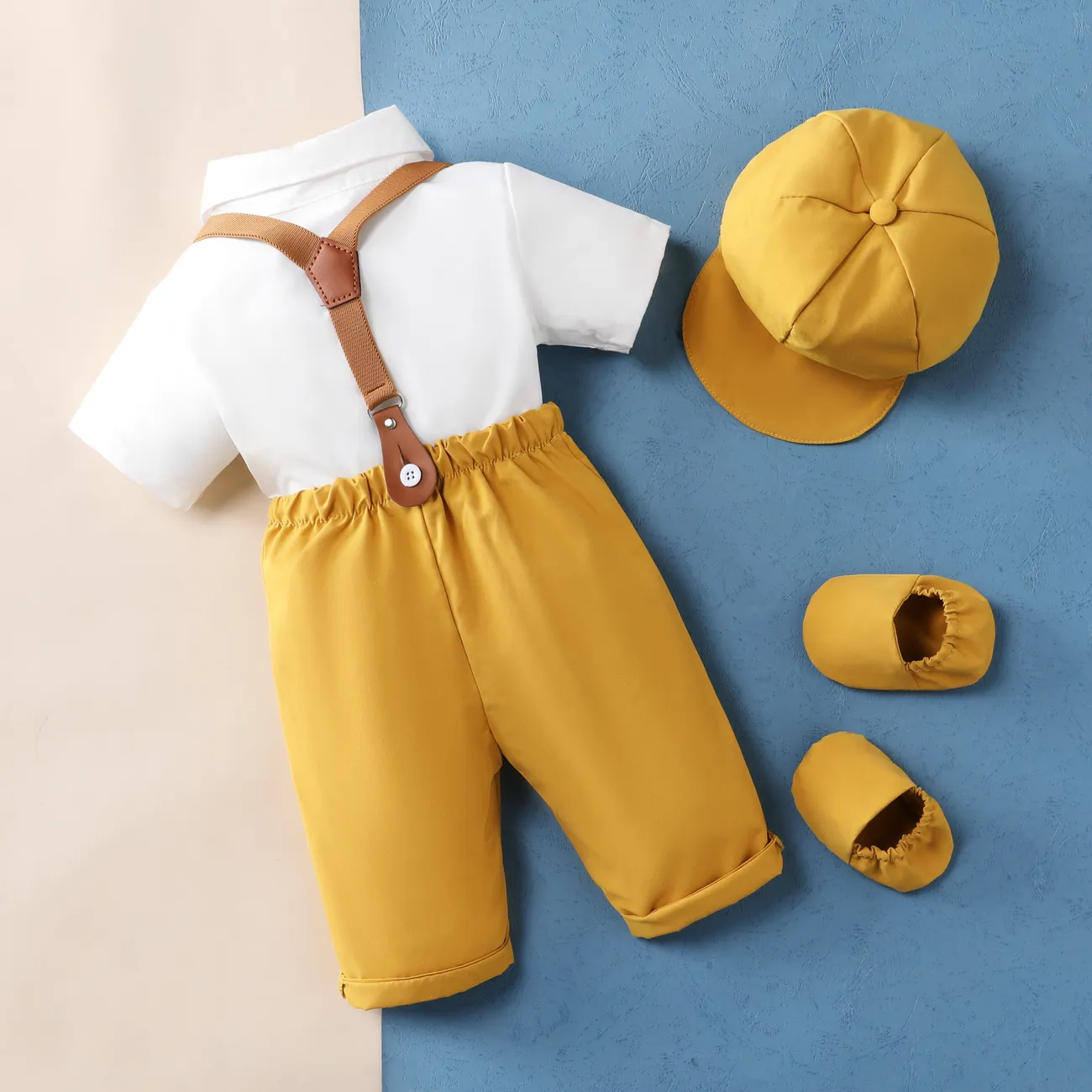 4pcs Baby Boys Casual Summer Gentlemen's Solid Color Short Sleeve Top and Pants and Hat and Shoes Set  Yellow big image 1