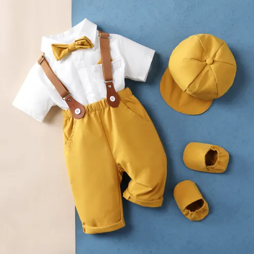 4pcs Baby Boys Casual Summer Gentlemen's Solid Color Short Sleeve Top and Pants and Hat and Shoes Set 