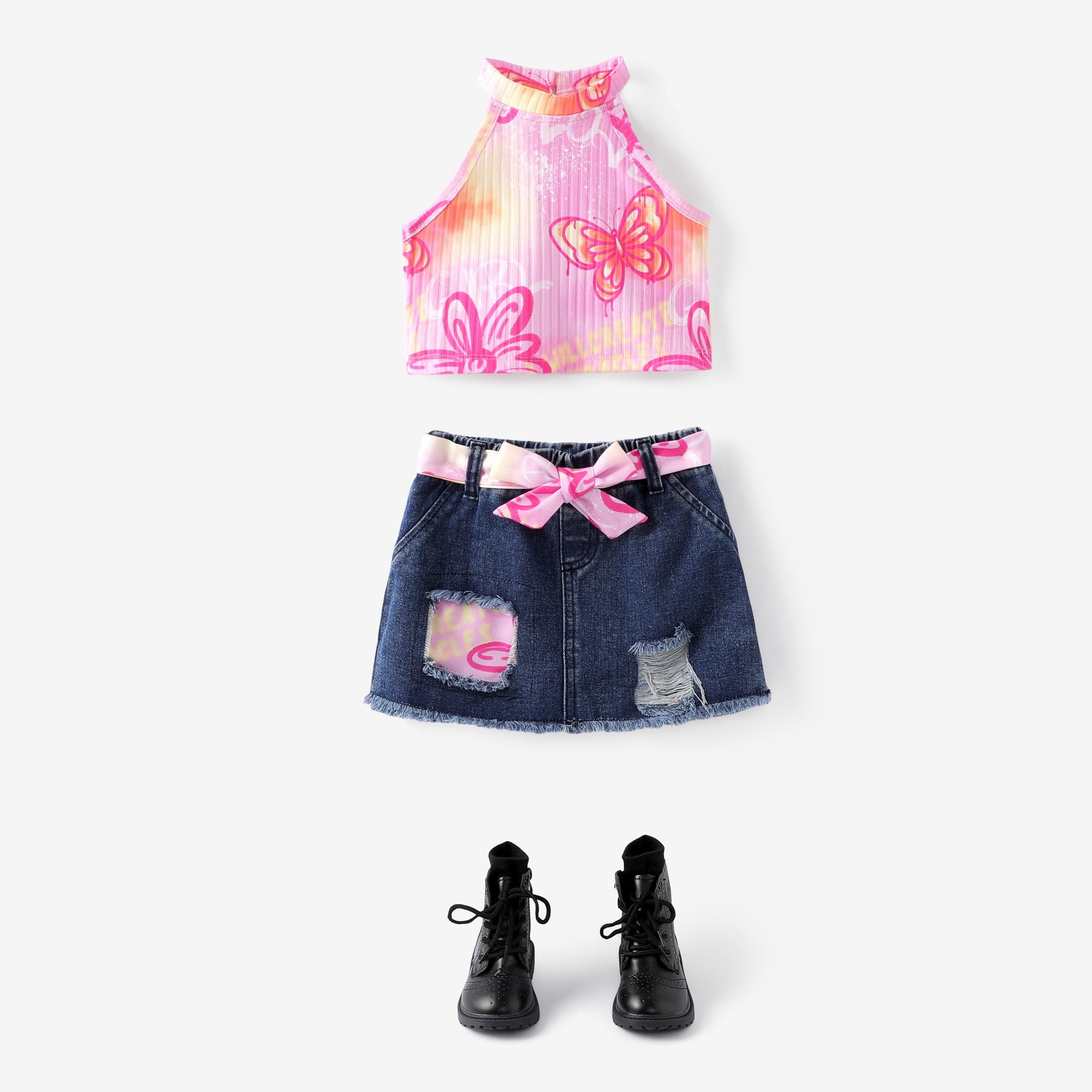 

Toddler Girl 3pcs Tie-dye Print Halterneck Camisole and Ripped Denim Shorts with Belt Set/ 5-Pack Socks/ Boots