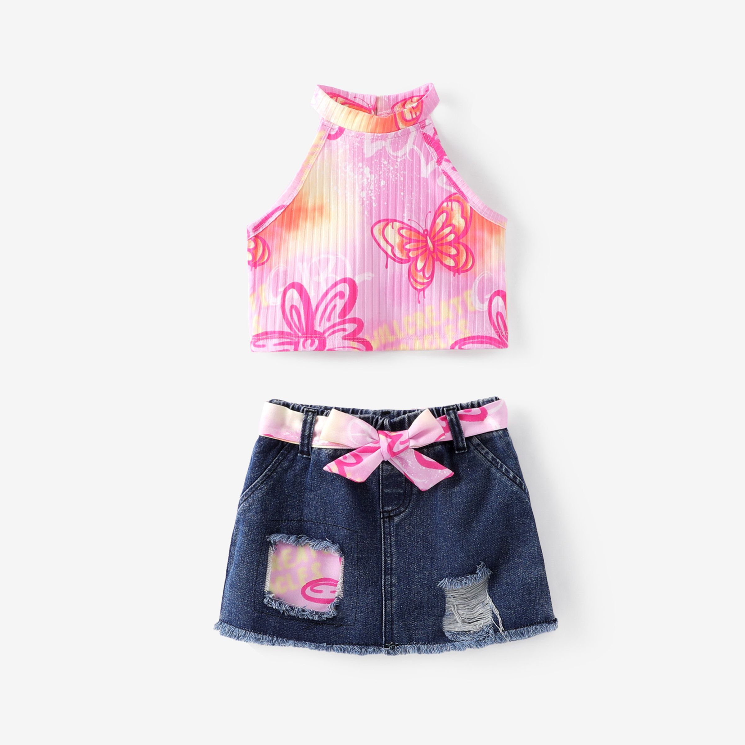 Toddler Girl 3pcs Tie-dye Print Halterneck Camisole and Ripped Denim Shorts with Belt Set