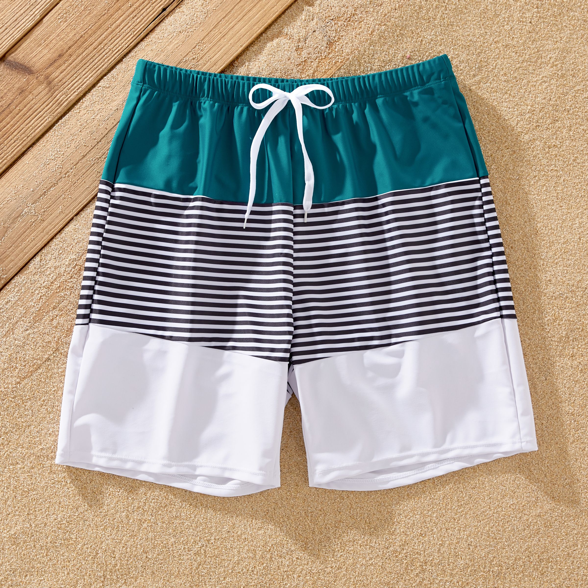 Family Matching Colorblock One Shoulder Cut Out One-piece Swimsuit and Striped Spliced Swim Trunks S
