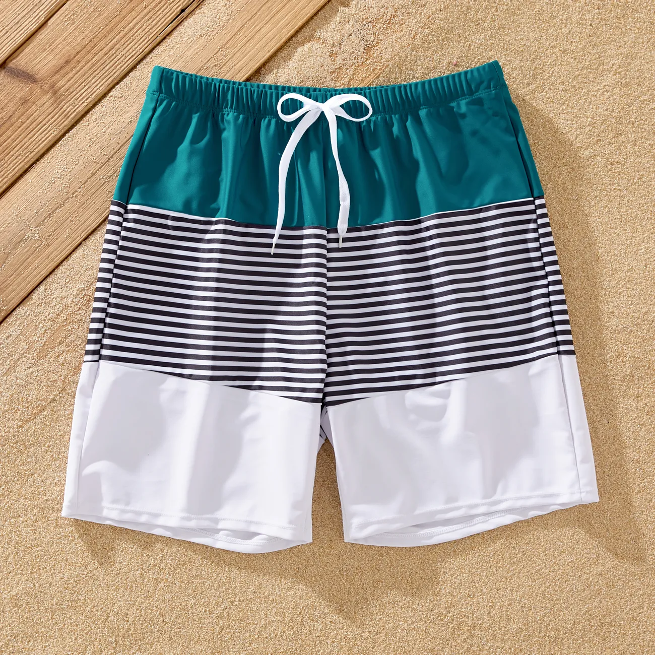 Family Matching Colorblock One Shoulder Cut Out One-piece Swimsuit and Striped Spliced Swim Trunks Shorts DeepTurquoise big image 1