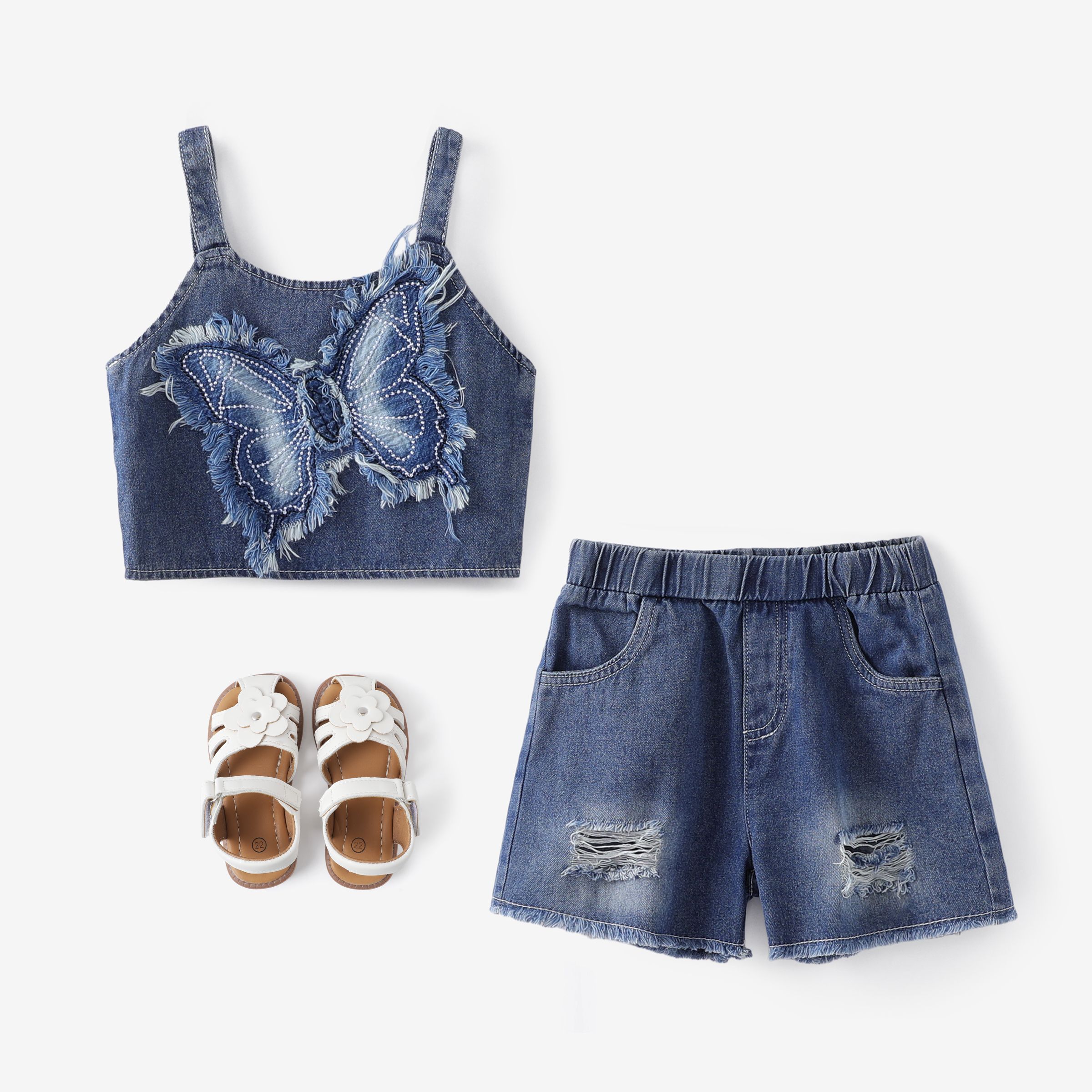 

Toddler Girl 2pcs Denim Butterfly Embroidery Camisole and Ripped Shorts Set/ Sandals