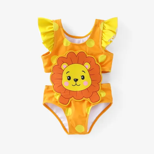 Baby Girl Rabbit/Lion Applique Polka Dots Ruffled One-Piece Swimsuit
