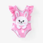 Baby Girl Rabbit/Lion Applique Polka Dots Ruffled One-Piece Swimsuit Pink