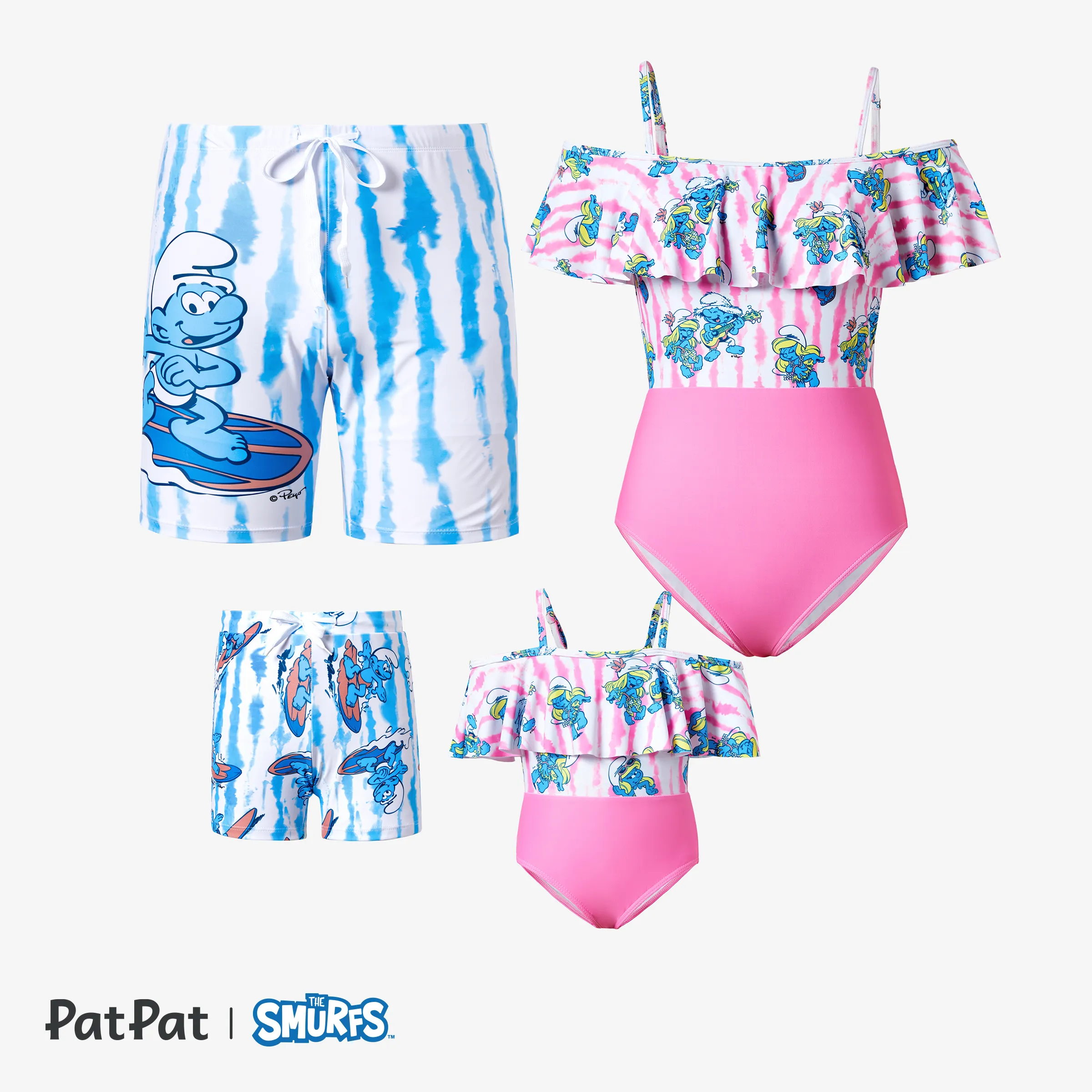 

Smurfs Family Matching Graphic Stripe Pattern Swimsuit/swimming trunks