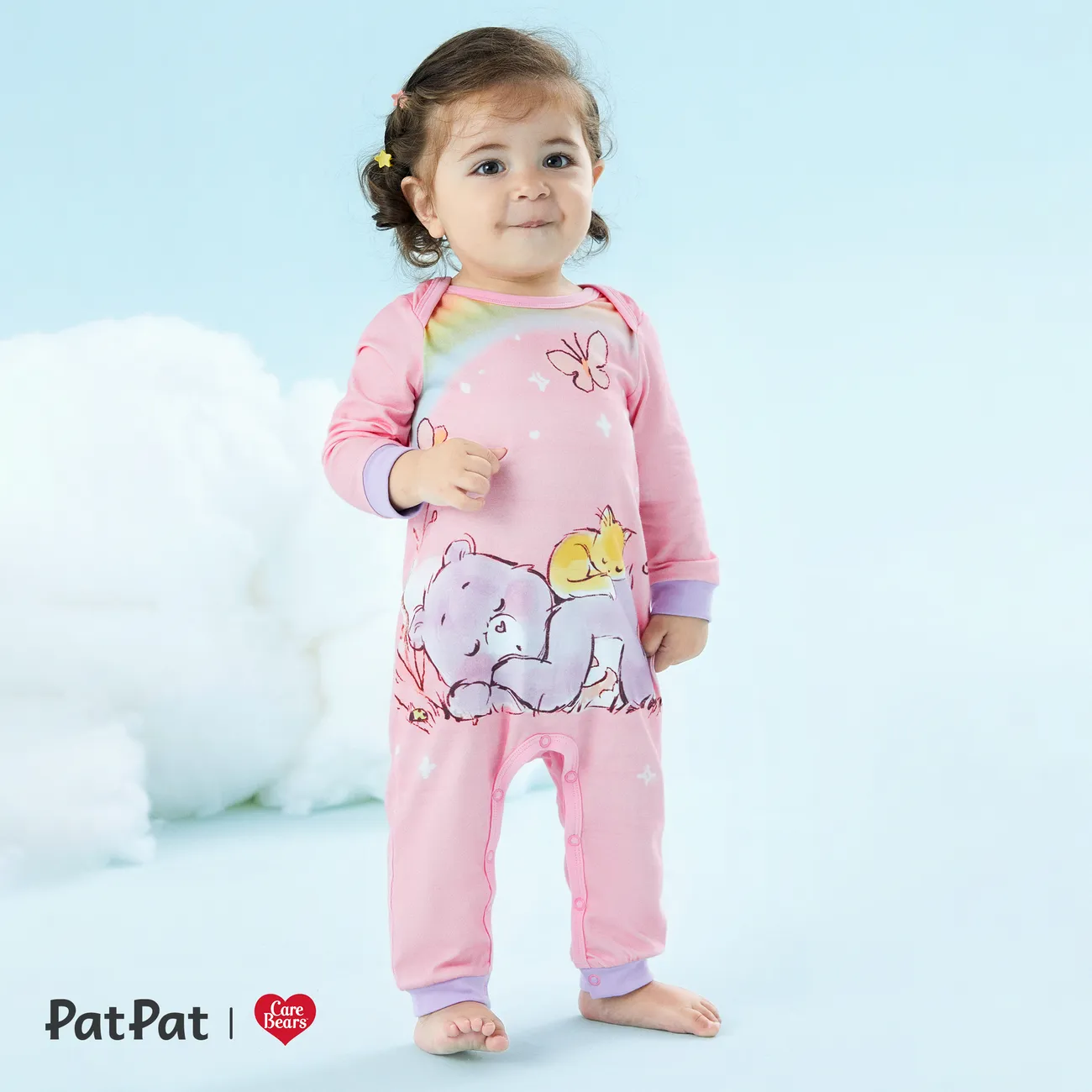 Care Bears Baby Boy/Girl Bear & Rainbow Print Long-sleeve Cotton Jumpsuit Light Pink big image 1