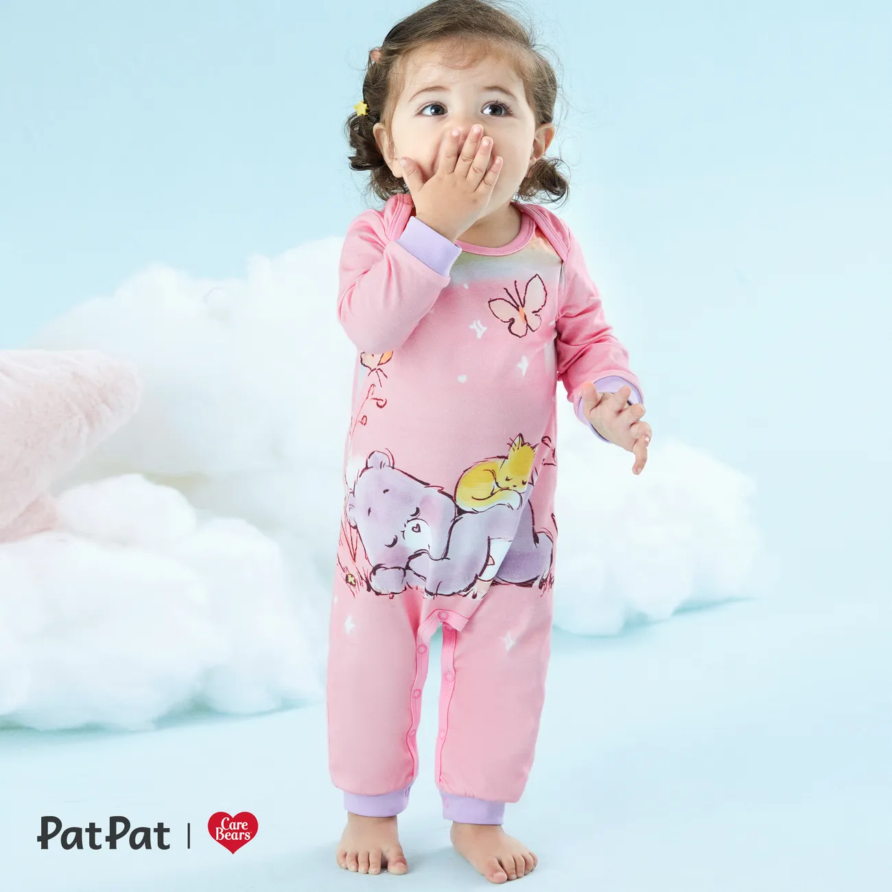 Care Bears Baby Boy/Girl Bear & Rainbow Print Long-sleeve Cotton Jumpsuit Light Pink big image 1