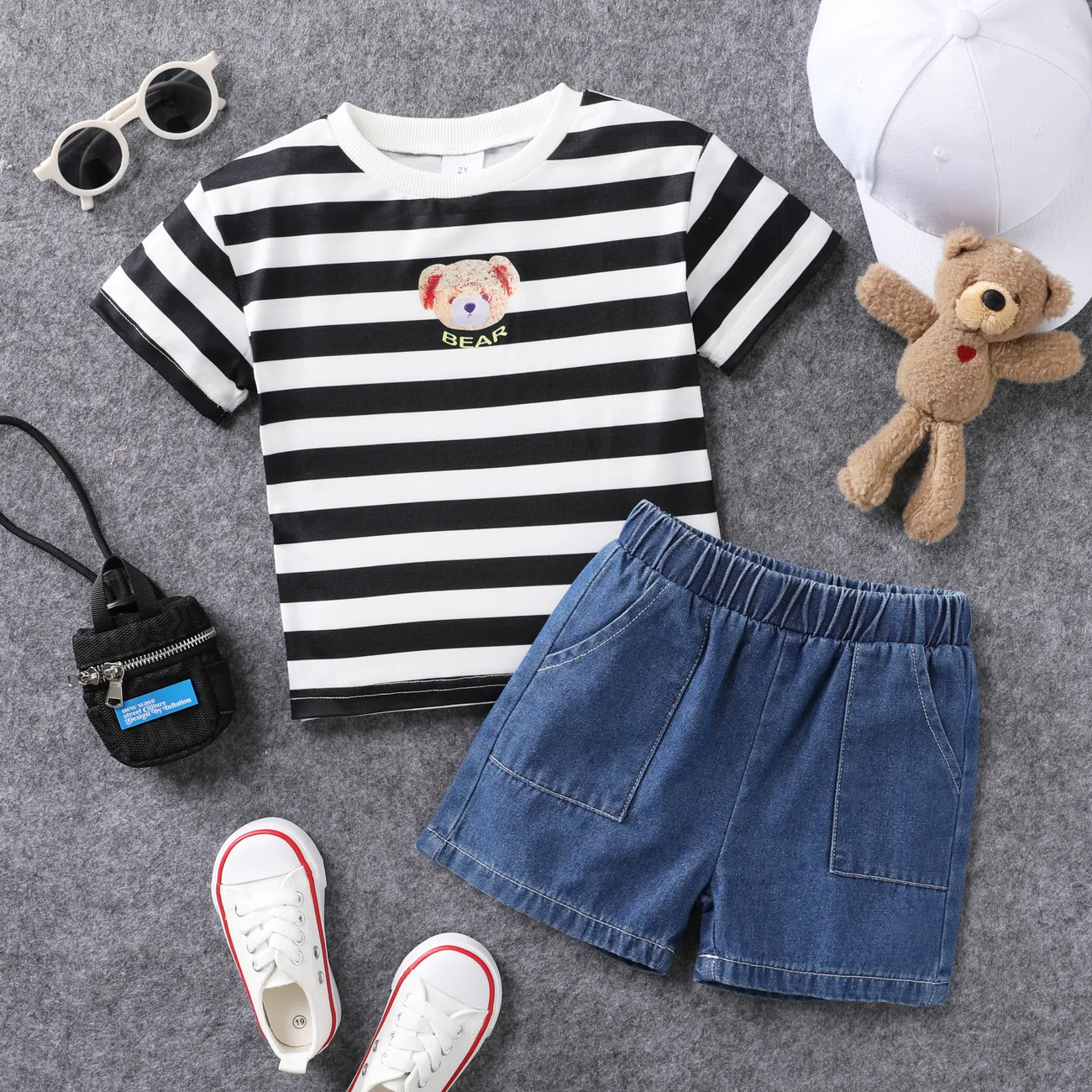 2pcs Toddler Boys Childlike Stripe T-shirt and Denim Pants Set  Black big image 1