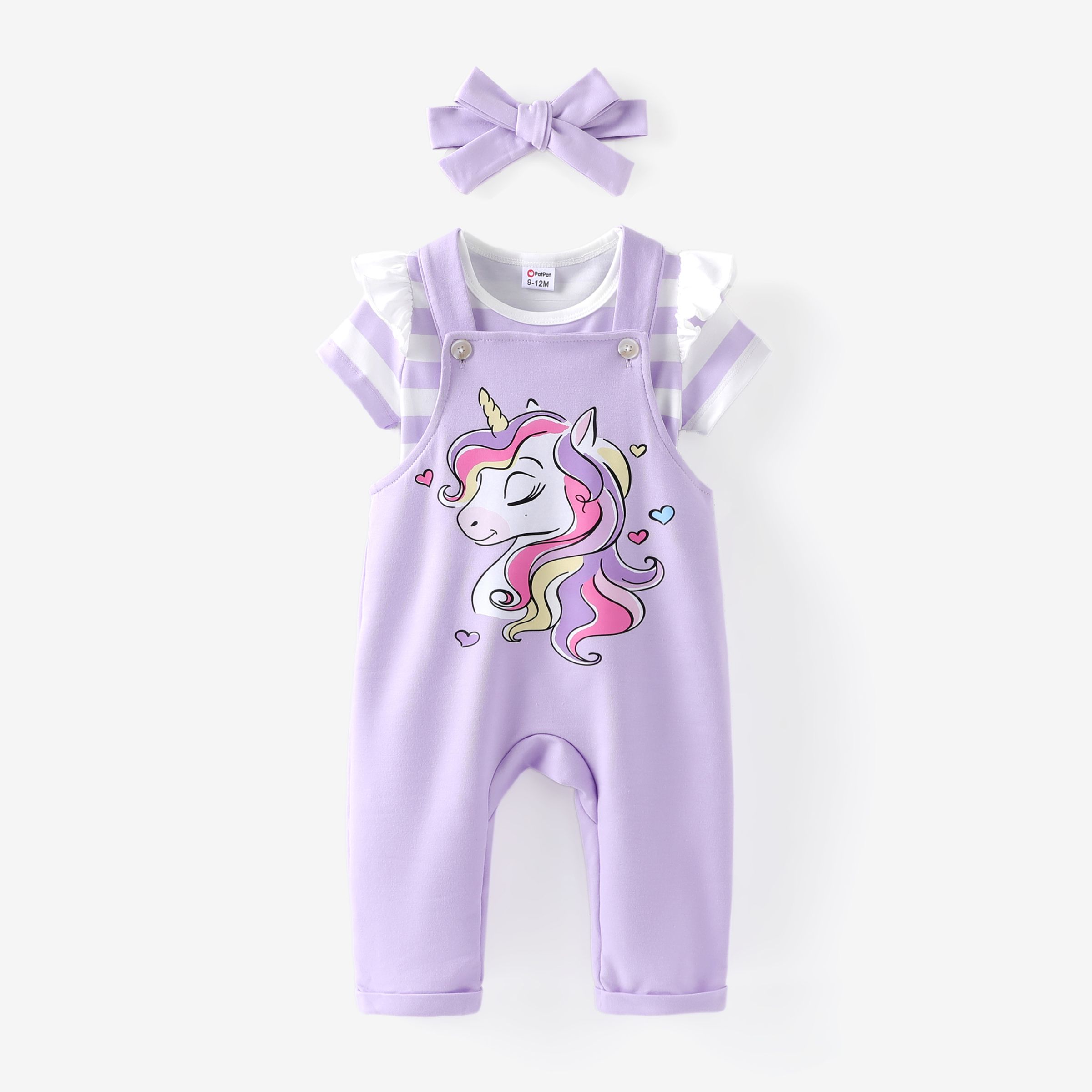 

Baby Girl 3pcs Striped Tee and Unicorn Print Overalls Pants and Headband Set/ Socks/ Sports Shoes