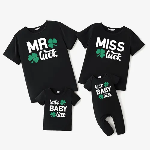 St. Patrick's Day Family Matching Lucky Four-Leaf Clover and Letter Printed Cotton Black Tops