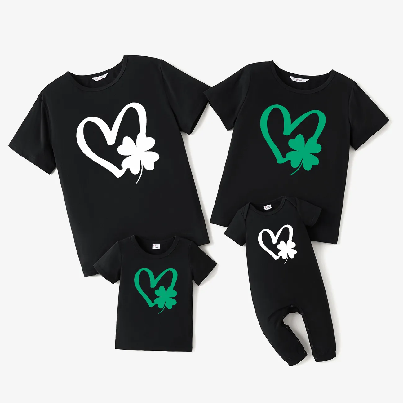 St. Patrick's Day Family Matching Heart and Four-Leaf Clover Pattern Black Tops Black big image 1