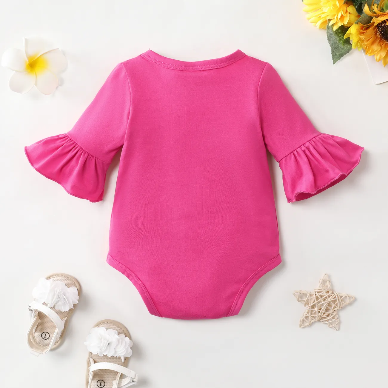 Baby Girl's Solid Color Half Sleeve Horn Edge Romper Roseo big image 1