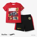 Hot Wheels 2pcs Toddler Boys Racecar Color Block Print T-shirt with Knit Shorts Sporty Set Red