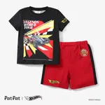 Hot Wheels 2pcs Toddler Boys Racecar Color Block Print T-shirt with Knit Shorts Sporty Set Black