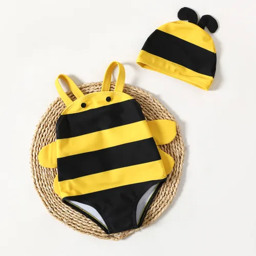 2pcs Baby Girls Childlike 3D Honeybee Swimwear with Small Wings and Matching Hat Set 