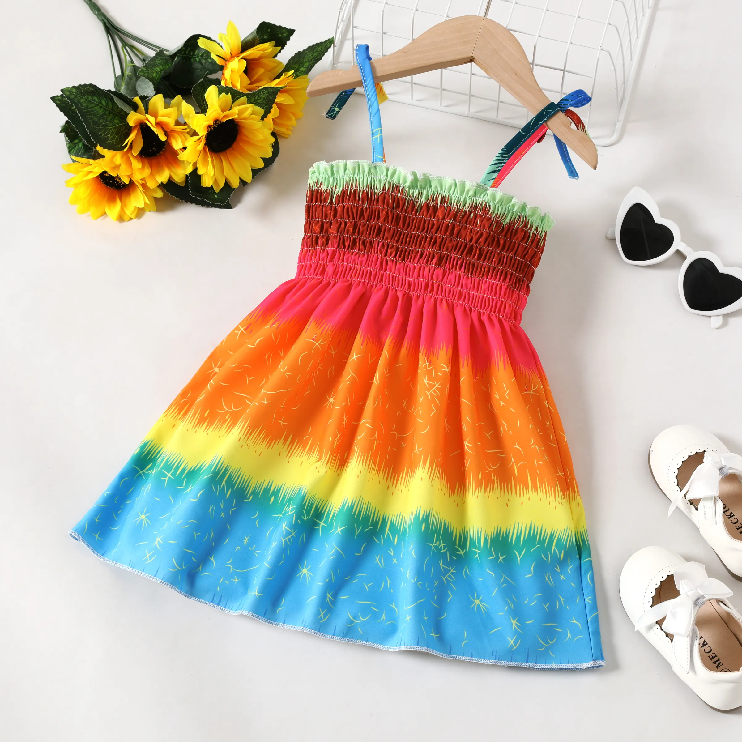 Toddler Girl Sweet Smocked Colorful Gradient Hanging Strap Dress