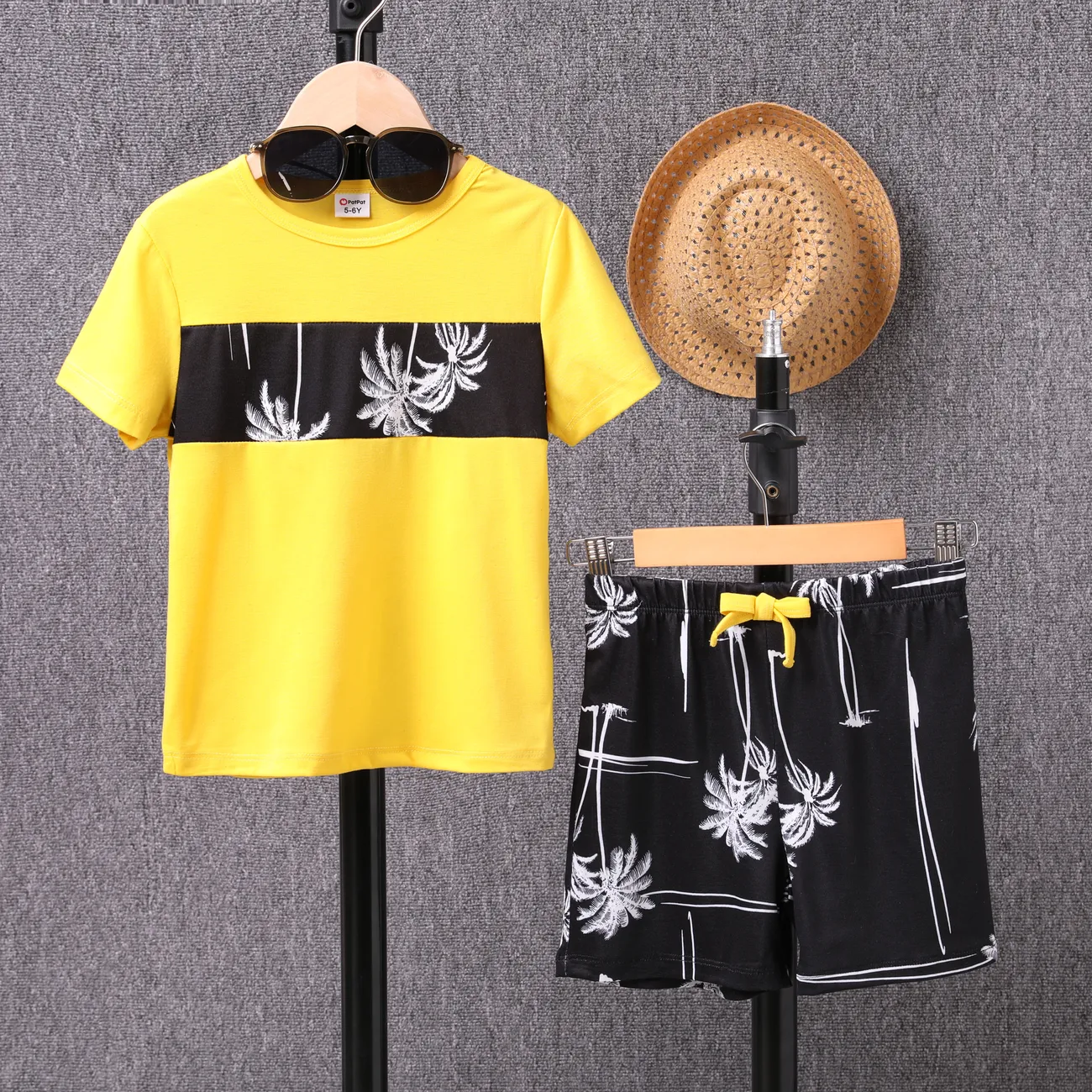 2pcs Kid r Boy Tropical Floral Regular Top and Shorts Set  Yellow big image 1