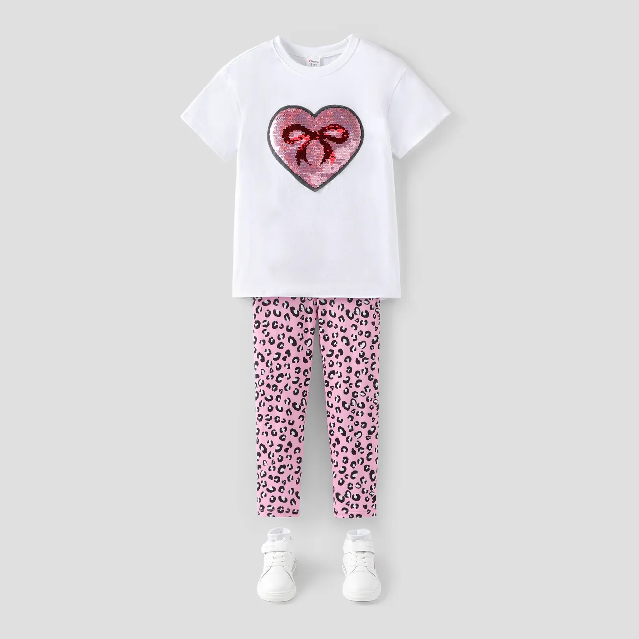 Kid Girl 2pcs Reversible Sequin Tee and Leopard Print Leggings Set White big image 1