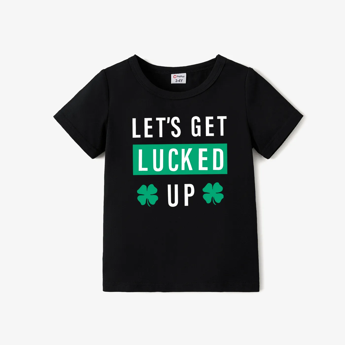 

St. Patrick's Day Family Matching Letter Printed and Four-Leaf Clover Graphic Black Tops