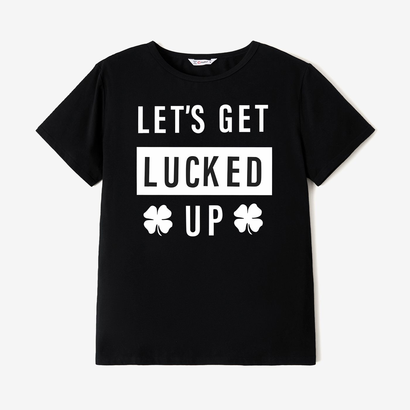 

St. Patrick's Day Family Matching Letter Printed and Four-Leaf Clover Graphic Black Tops