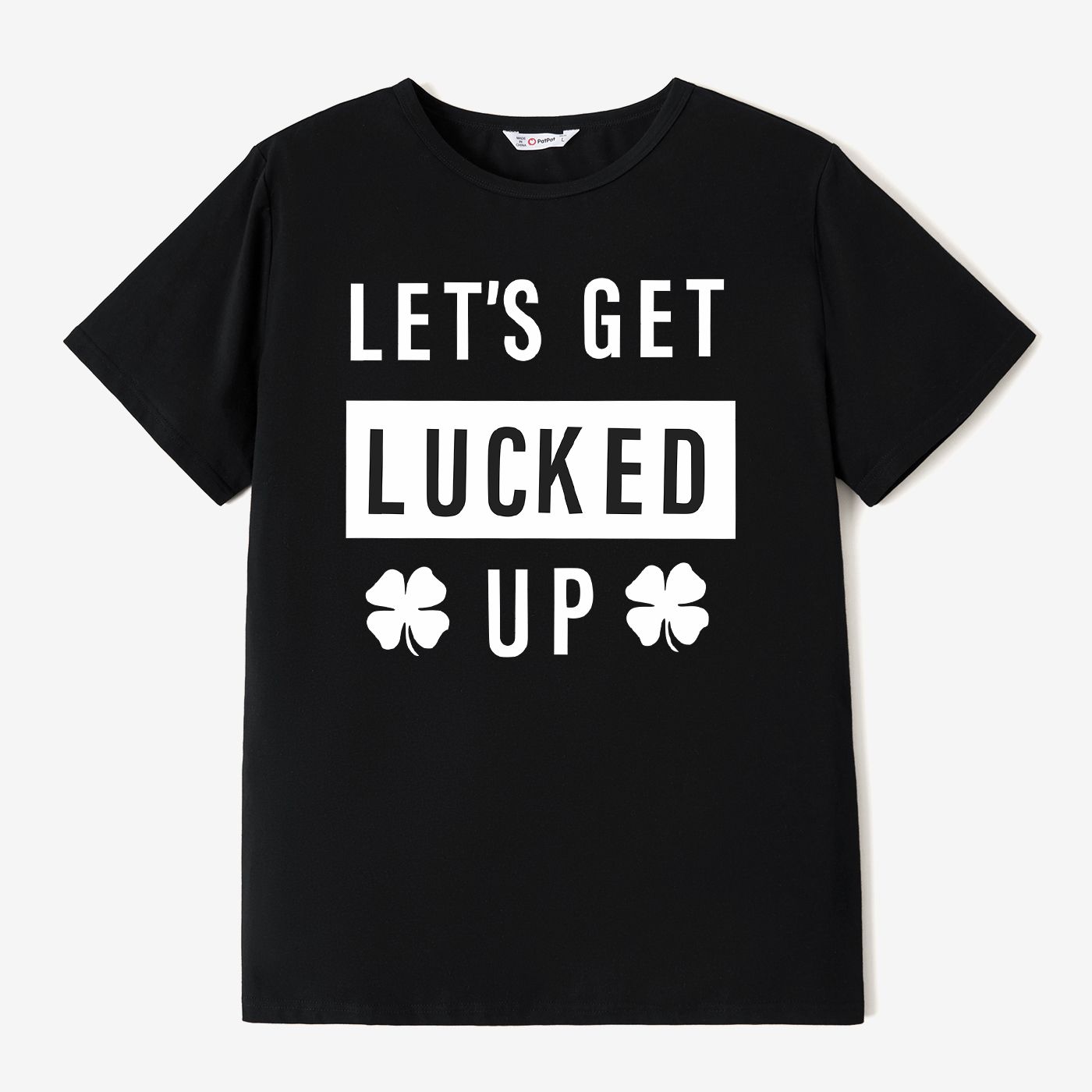 

St. Patrick's Day Family Matching Letter Printed and Four-Leaf Clover Graphic Black Tops