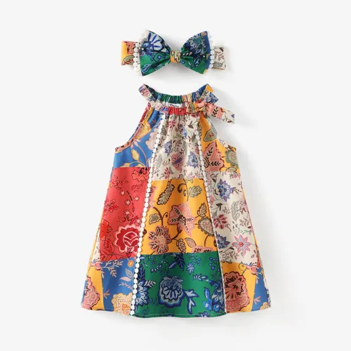 Baby Girl Bohemia Ethnic & Floral Print Neckholder-Kleid mit Stirnband