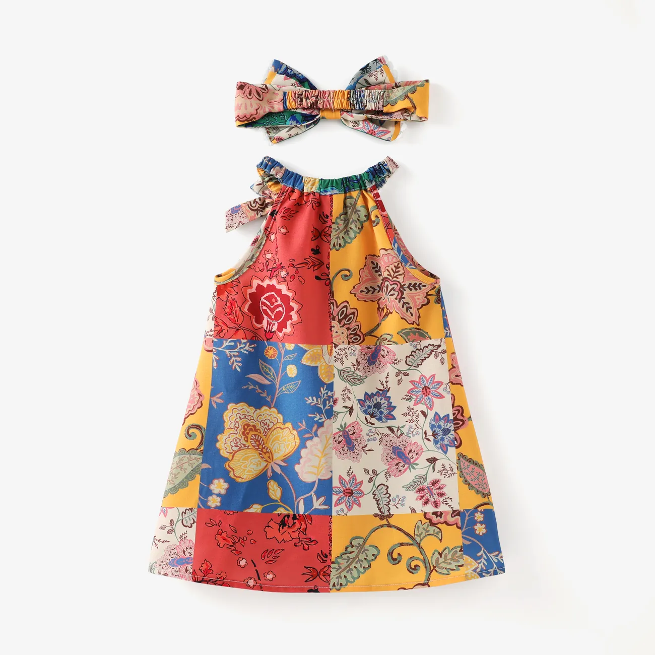 Baby Girl Bohemia Ethnic＆Floral Print Halterneck Dress with Headband Multicolour-1 big image 1