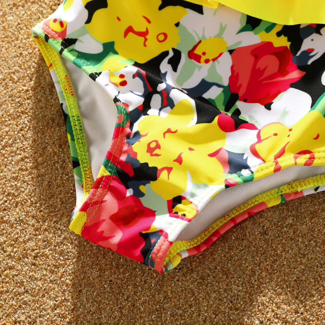 2 Stück Baby Mädchen Rüschenrand Tropische Pflanzen und Blumen Süß Ärmellos Badeanzüge gelb big image 1