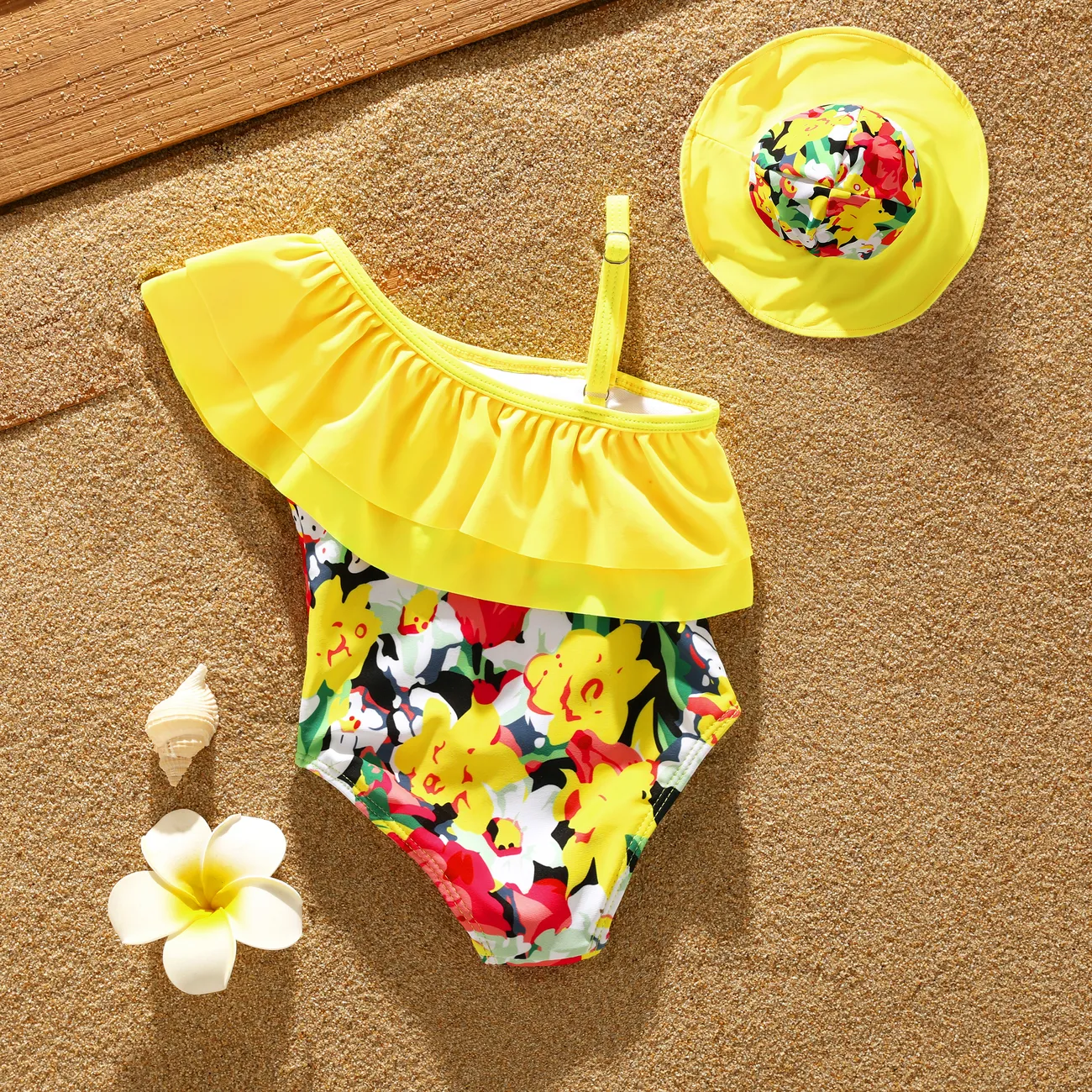 2 Stück Baby Mädchen Rüschenrand Tropische Pflanzen und Blumen Süß Ärmellos Badeanzüge gelb big image 1
