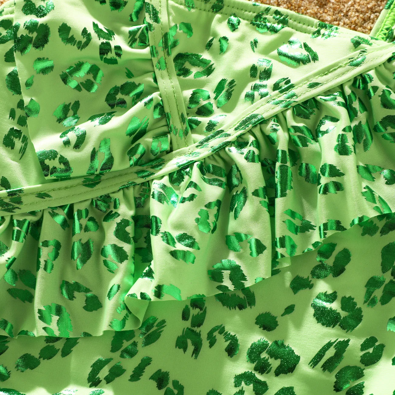 嬰兒 女 荷葉邊 豹紋 前衛 無袖 泳衣 綠色 big image 1