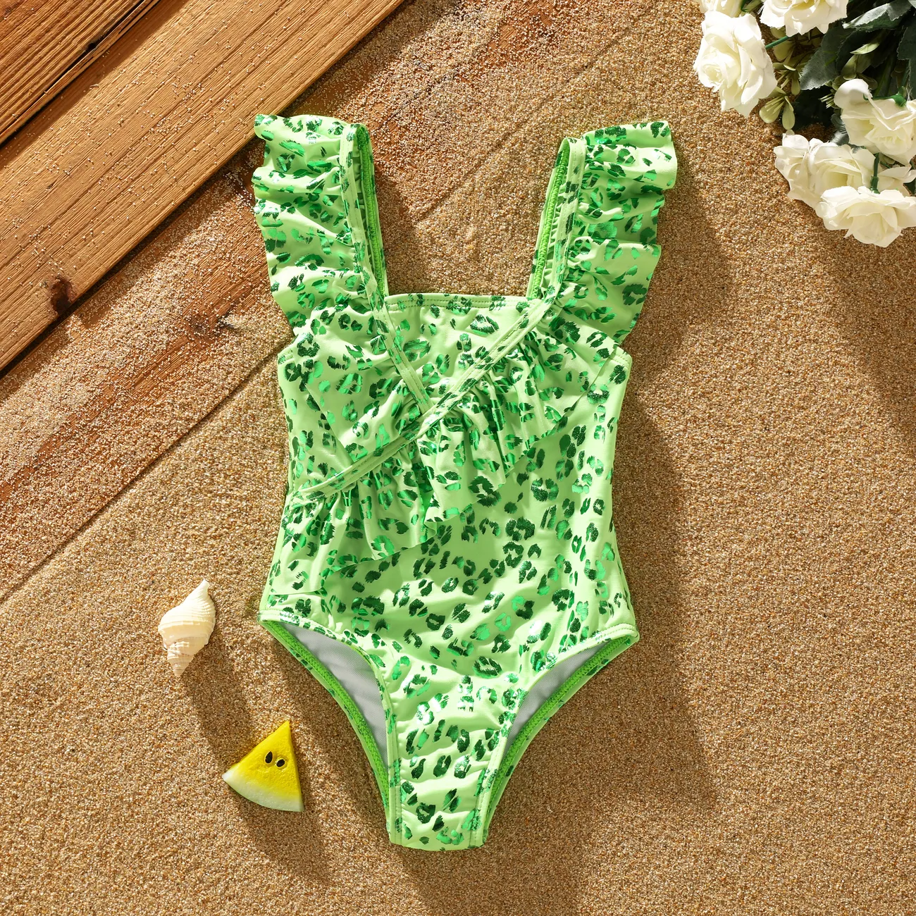 Baby Girl Leopard Pattern Ruffle Swimsuit  Green big image 1
