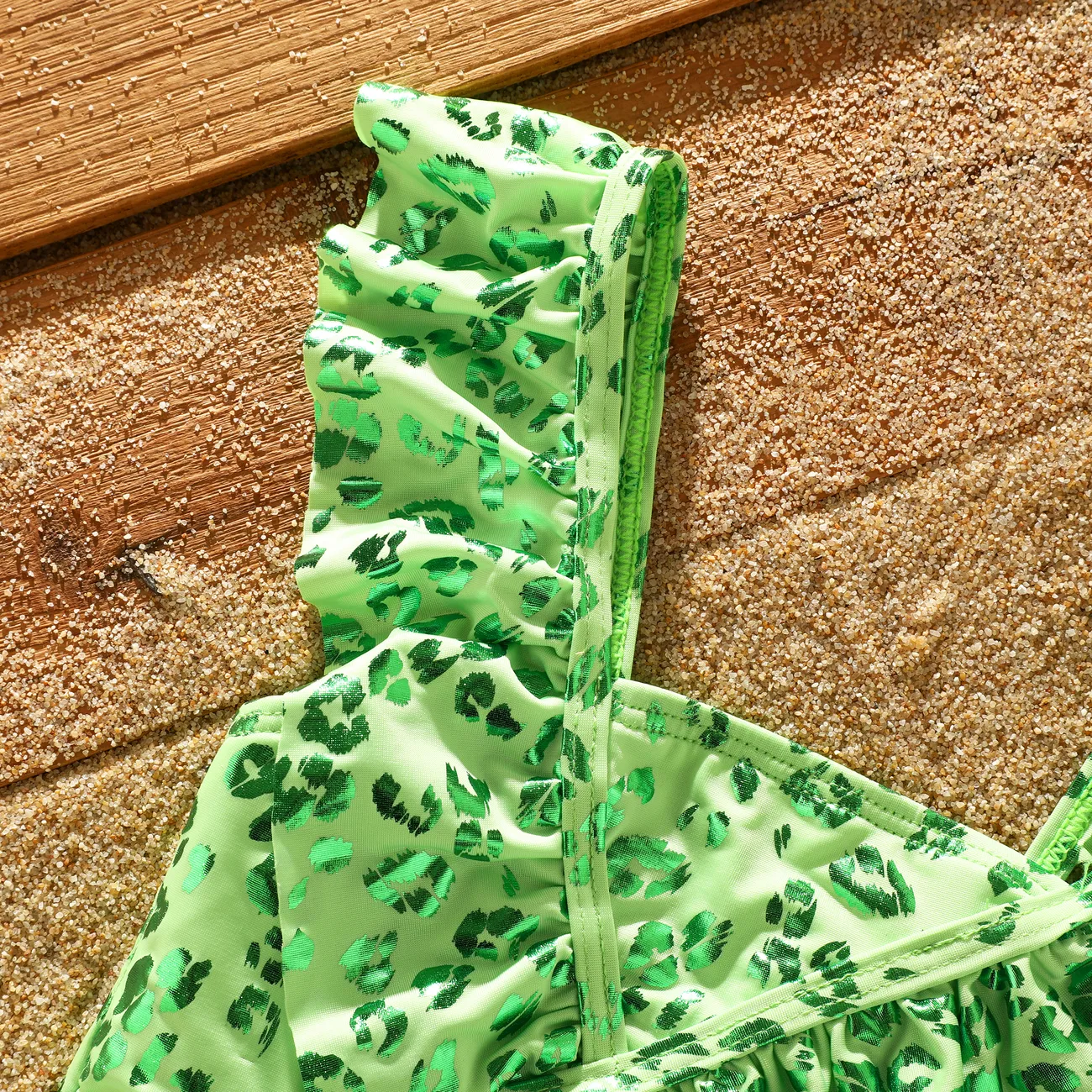 嬰兒 女 荷葉邊 豹紋 前衛 無袖 泳衣 綠色 big image 1