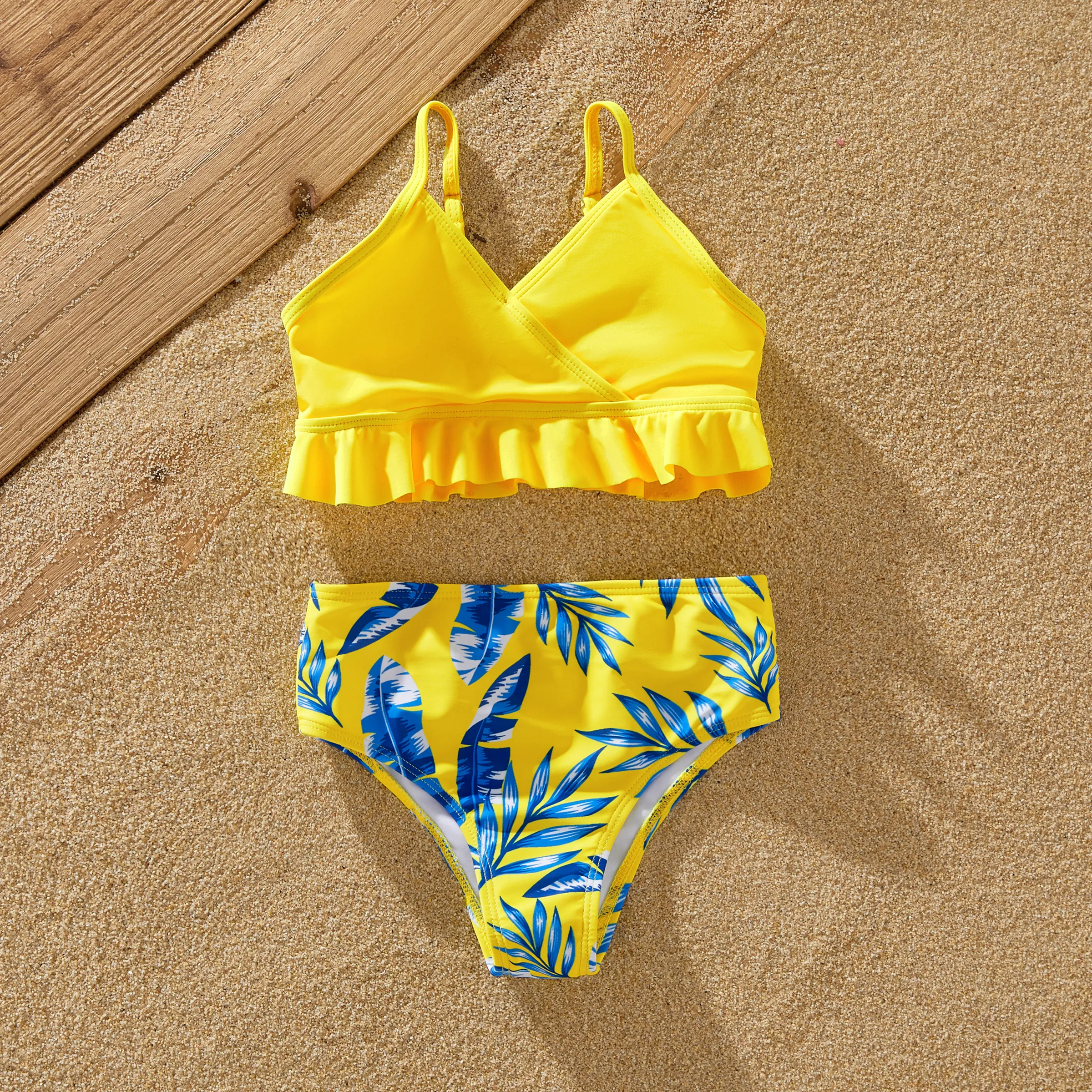Family Matching Yellow Leaf Print Swim Trunks or Ruched Flutter Sleeve Bikini with Optional Swim Cov