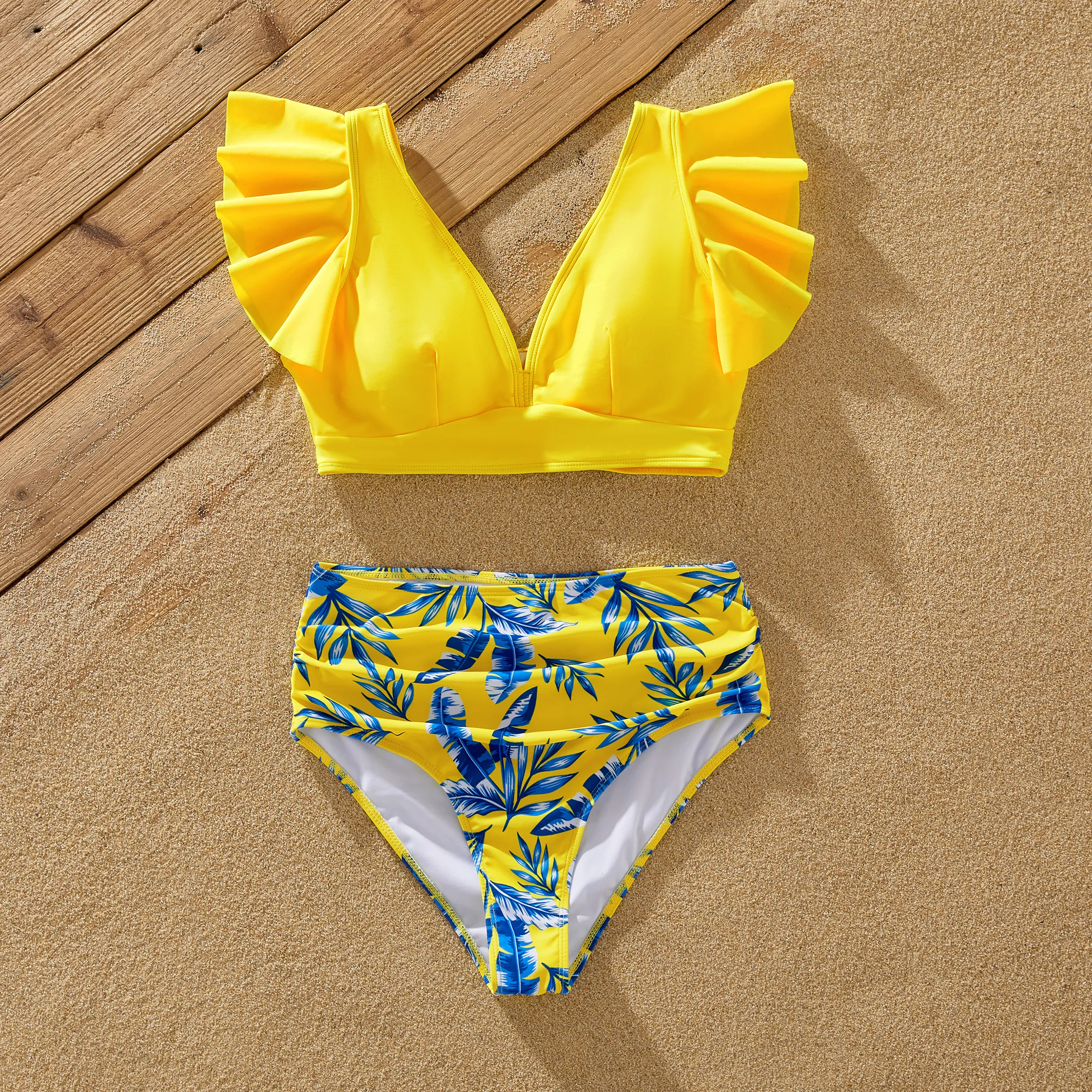 Family Matching Yellow Leaf Print Swim Trunks or Ruched Flutter Sleeve Bikini with Optional Swim Cov