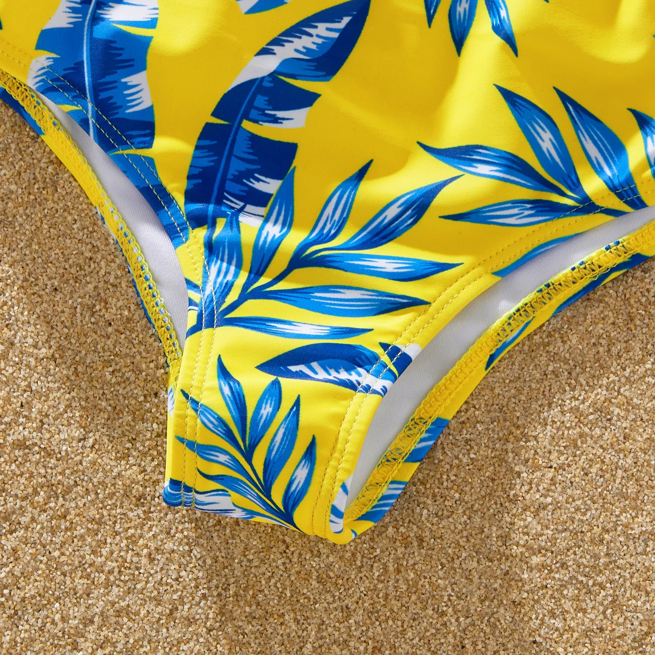 Family Matching Yellow Leaf Print Swim Trunks or Ruched Flutter Sleeve Bikini with Optional Swim Cover Up Yellow big image 1