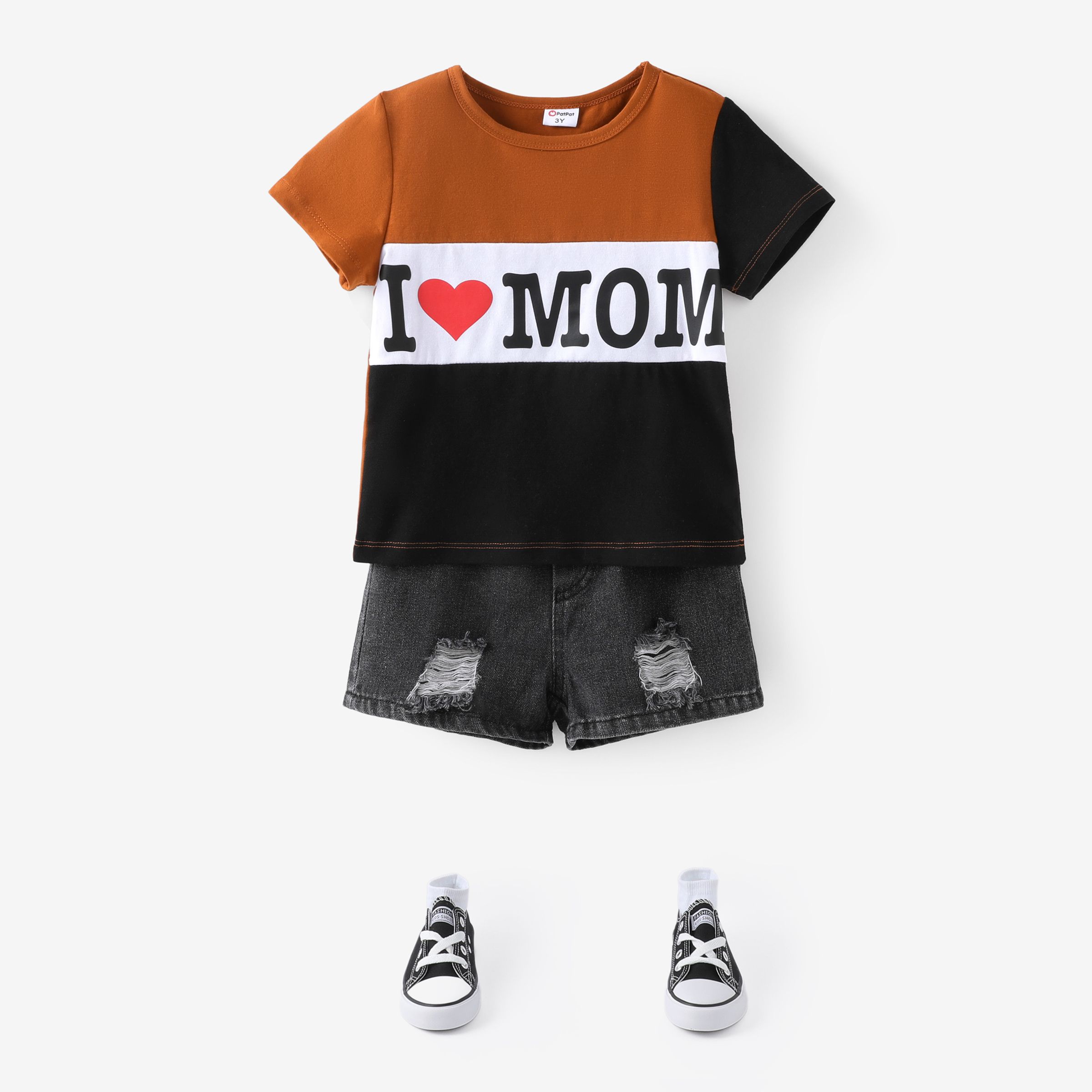 

Toddler Boy 2pcs Letter Print Colorblock Tee and Ripped Denim Shorts Set/ 5-Pack Socks/ Canvas Shoes