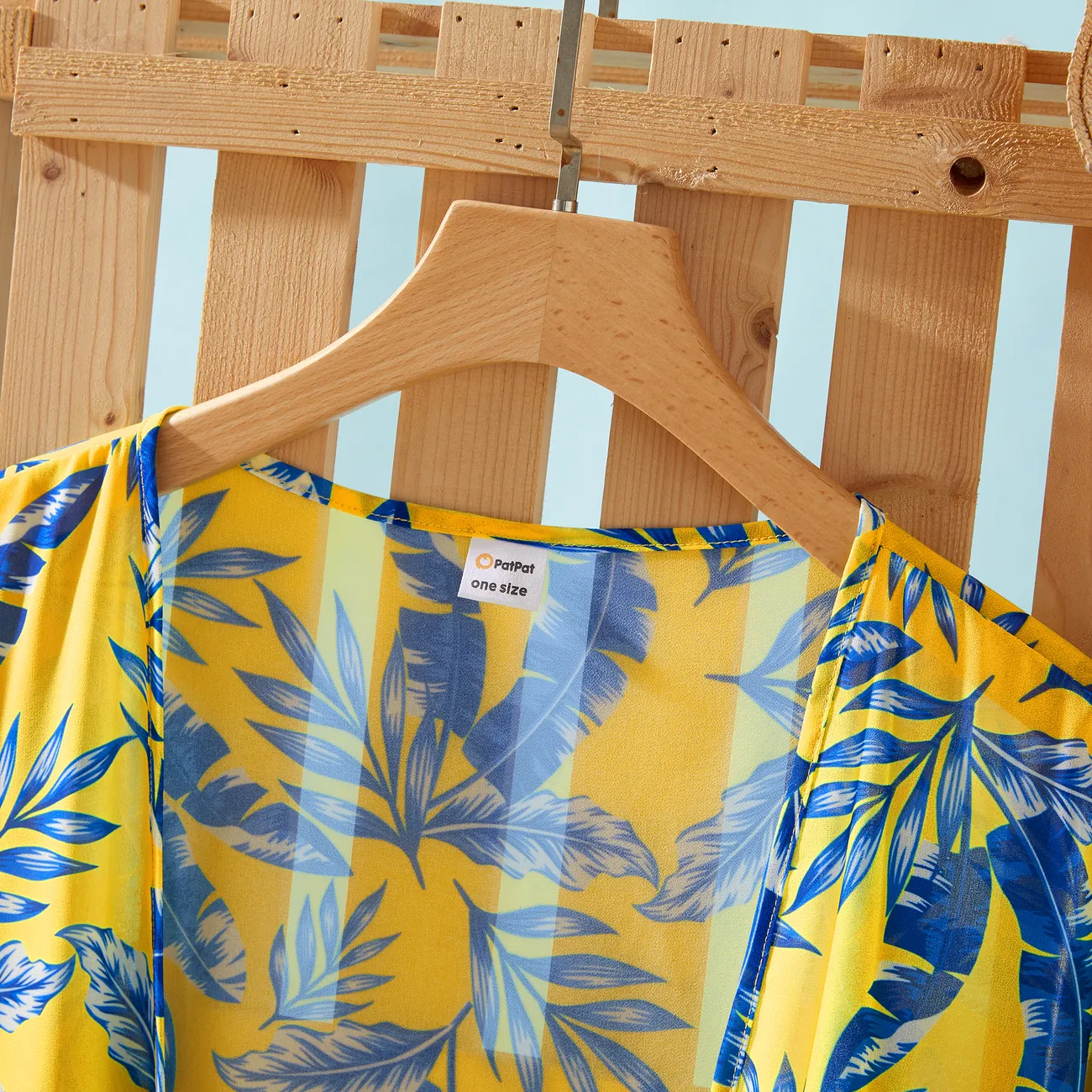 Family Matching Yellow Leaf Print Swim Trunks or Ruched Flutter Sleeve Bikini with Optional Swim Cover Up Yellow big image 1