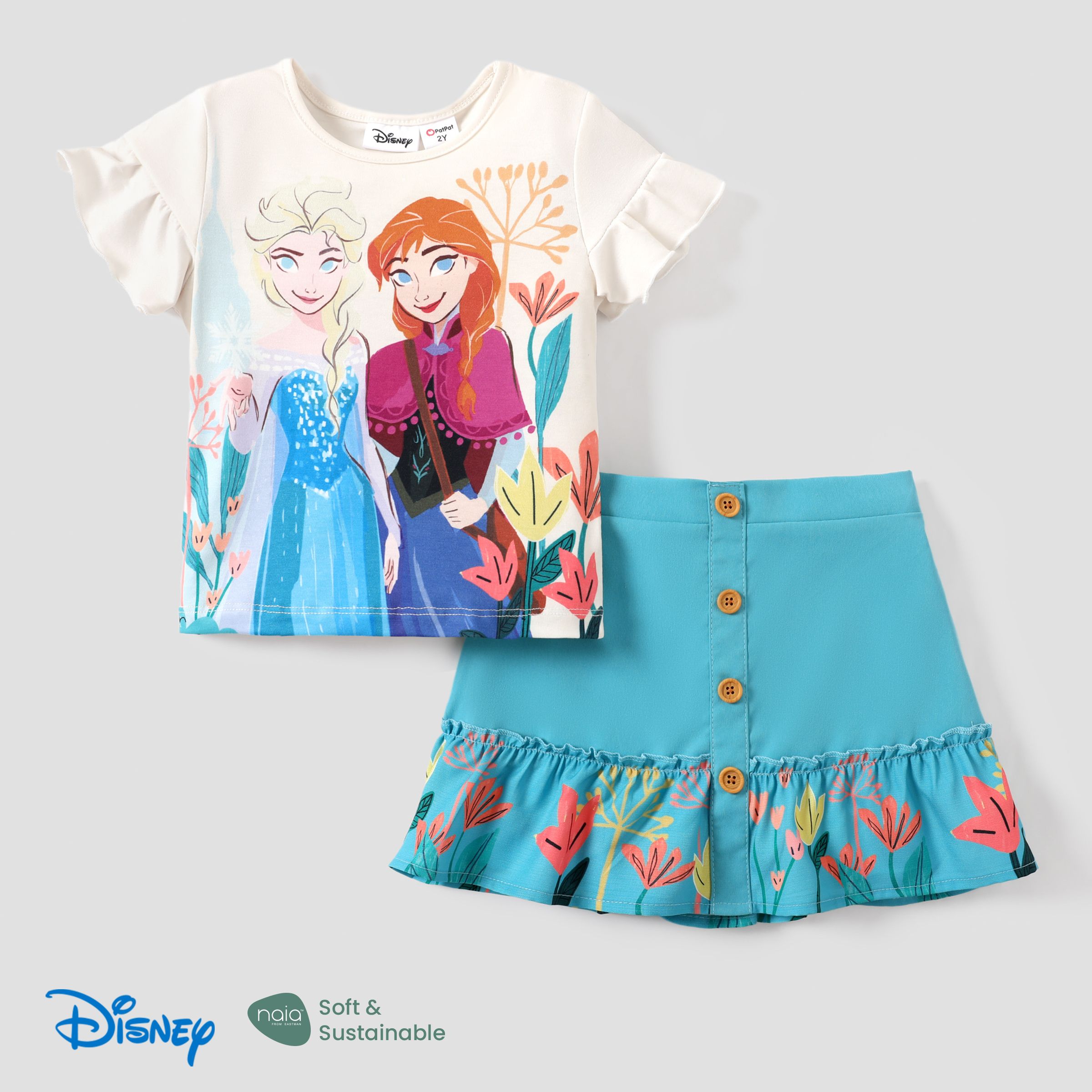 迪士尼冰雪奇緣 Elsa&Anna 2 件裝幼兒女孩 Naia™ 角色花卉印花 T 恤和裙子套裝