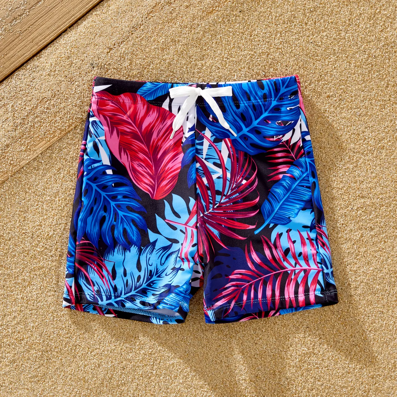 Family Matching Blue Floral Drawstring Swim Trunks or Shell Trim Spliced One-Piece Swimsuit MultiColour big image 1