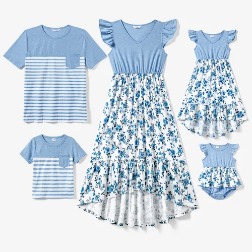 Family Matching Light Blue V Neck Flutter-sleeve Splicing Floral Print Irregular Hem Dresses and Striped T-shirts Sets