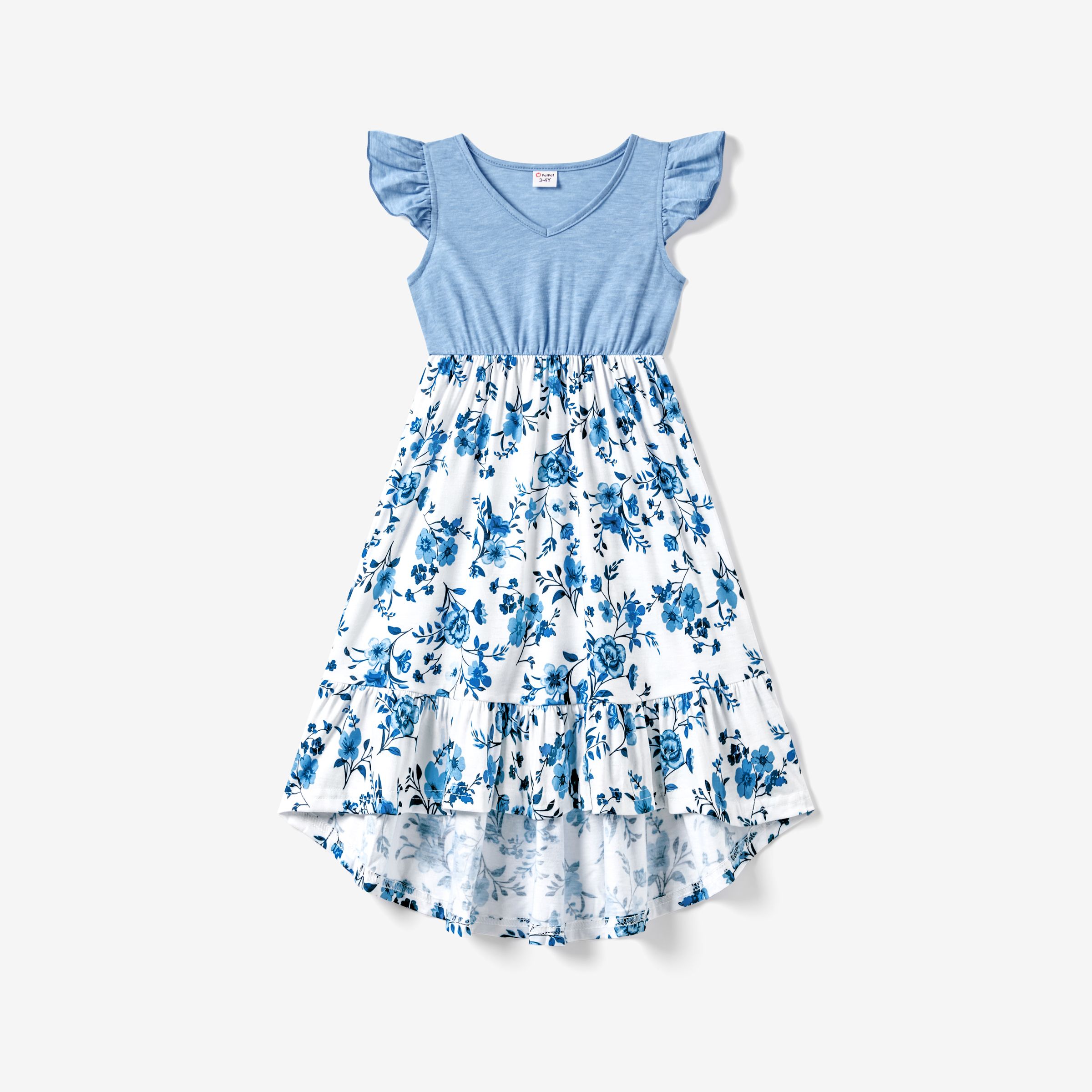 Family Matching Light Blue V Neck Flutter-sleeve Splicing Floral Print Irregular Hem Dresses and Str