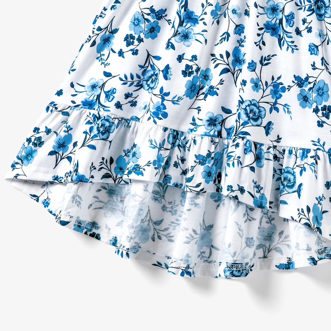Family Matching Light Blue V Neck Flutter-sleeve Splicing Floral Print Irregular Hem Dresses and Striped T-shirts Sets Light Blue big image 1