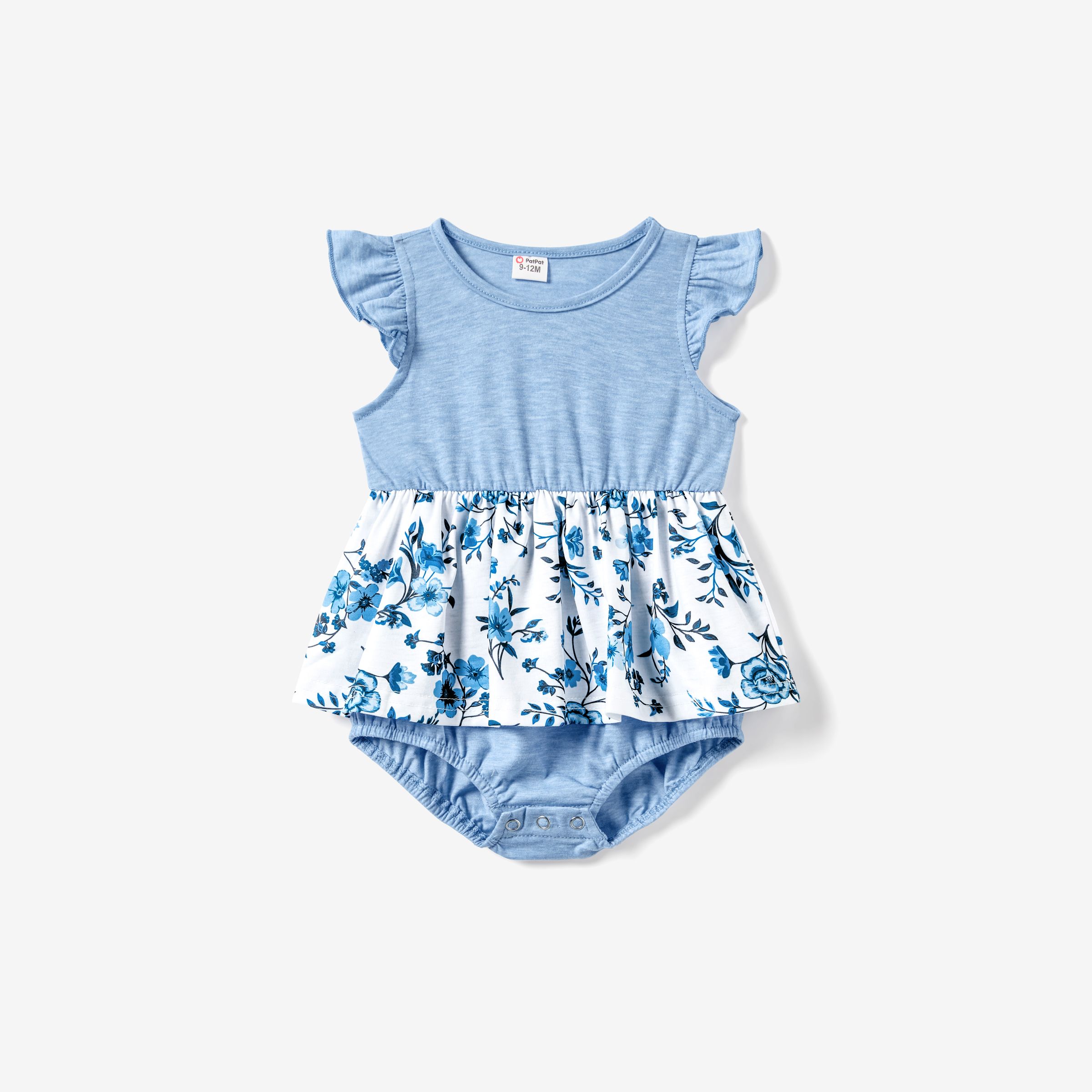 Family Matching Light Blue V Neck Flutter-sleeve Splicing Floral Print Irregular Hem Dresses and Str