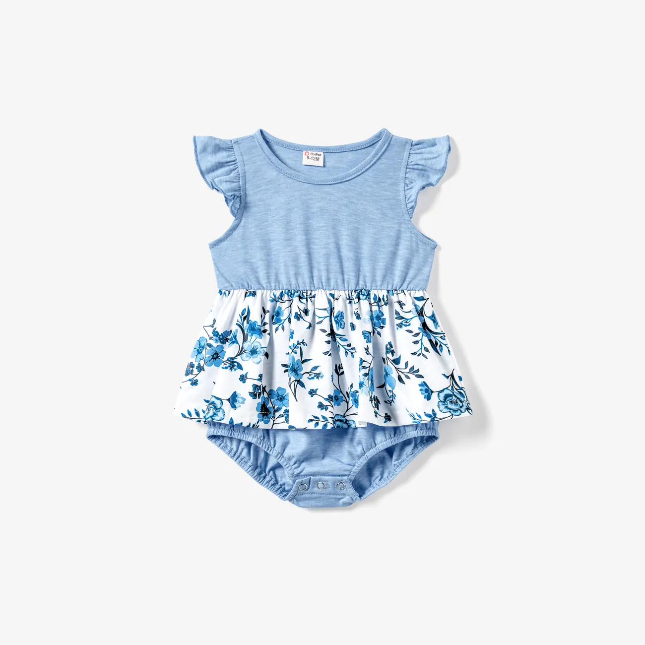 Family Matching Light Blue V Neck Flutter-sleeve Splicing Floral Print Irregular Hem Dresses and Striped T-shirts Sets Light Blue big image 1