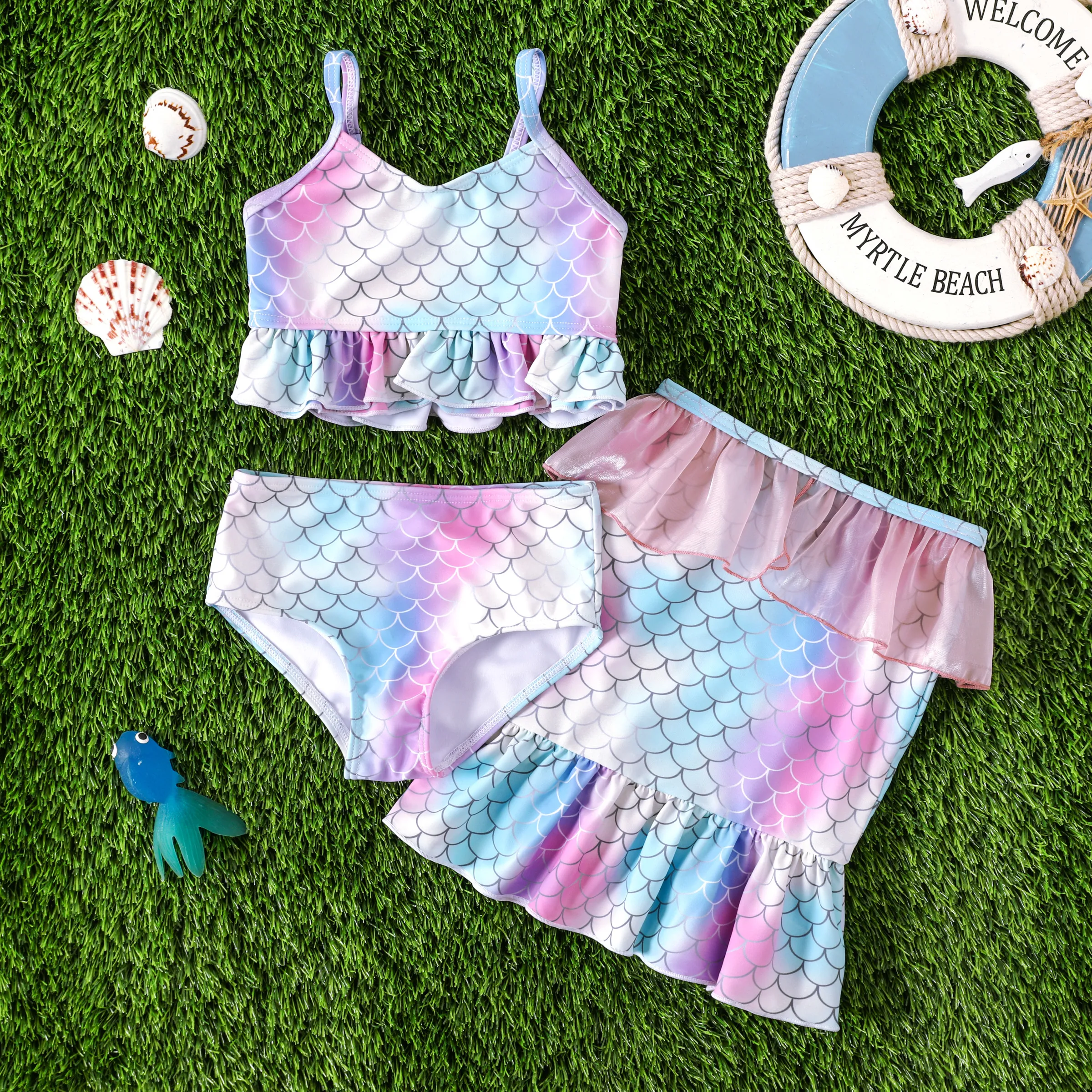 3pcs Baby Girl Sweet Marine Elements Ruffle Edge Swimsuit Set