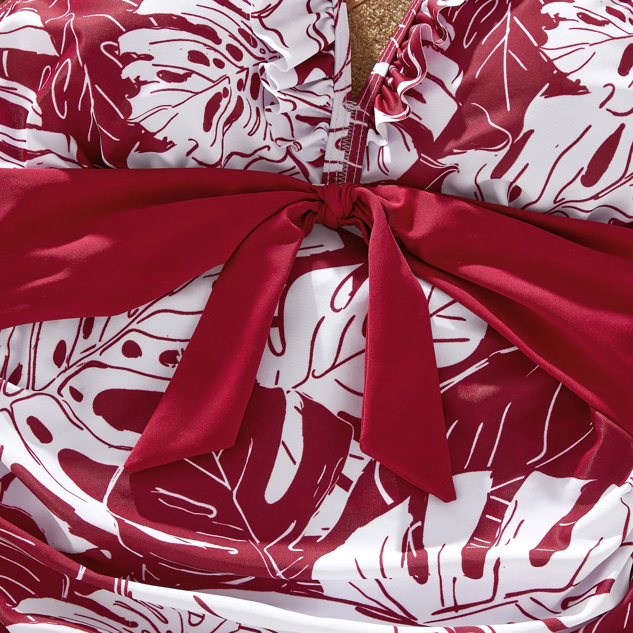 Family Matching Floral Drawstring Swim Trunks or One-Piece Belted Strap Swimsuit MAROON big image 1