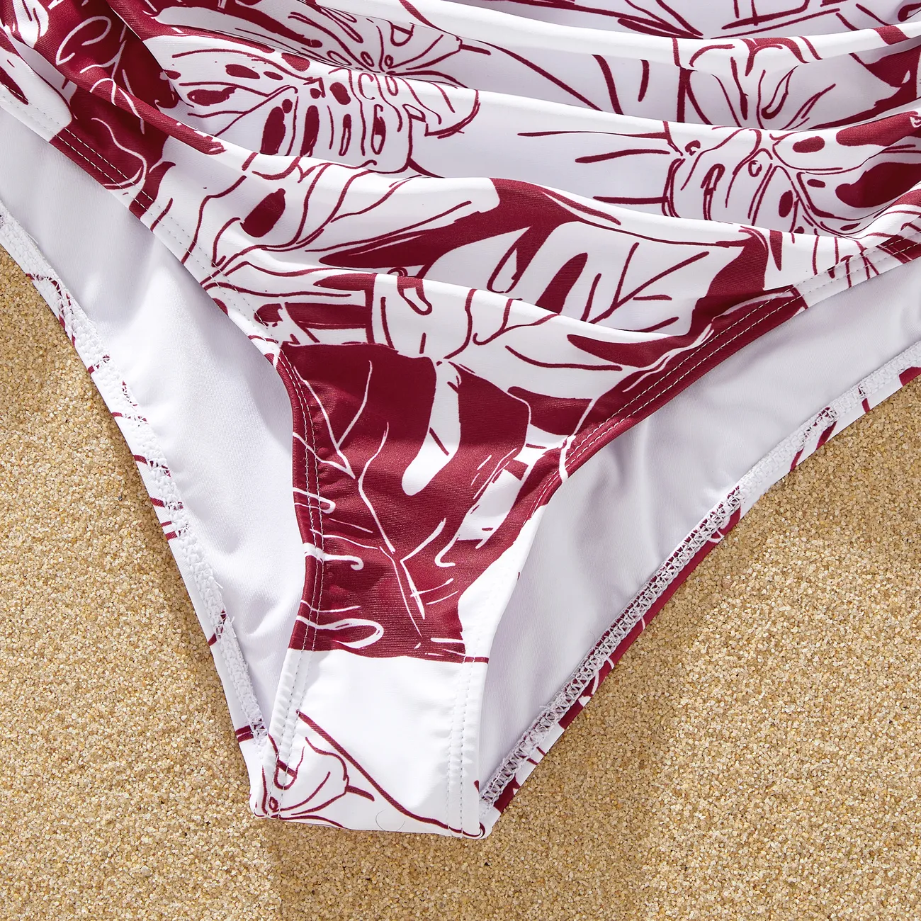 Family Matching Floral Drawstring Swim Trunks or One-Piece Belted Strap Swimsuit MAROON big image 1